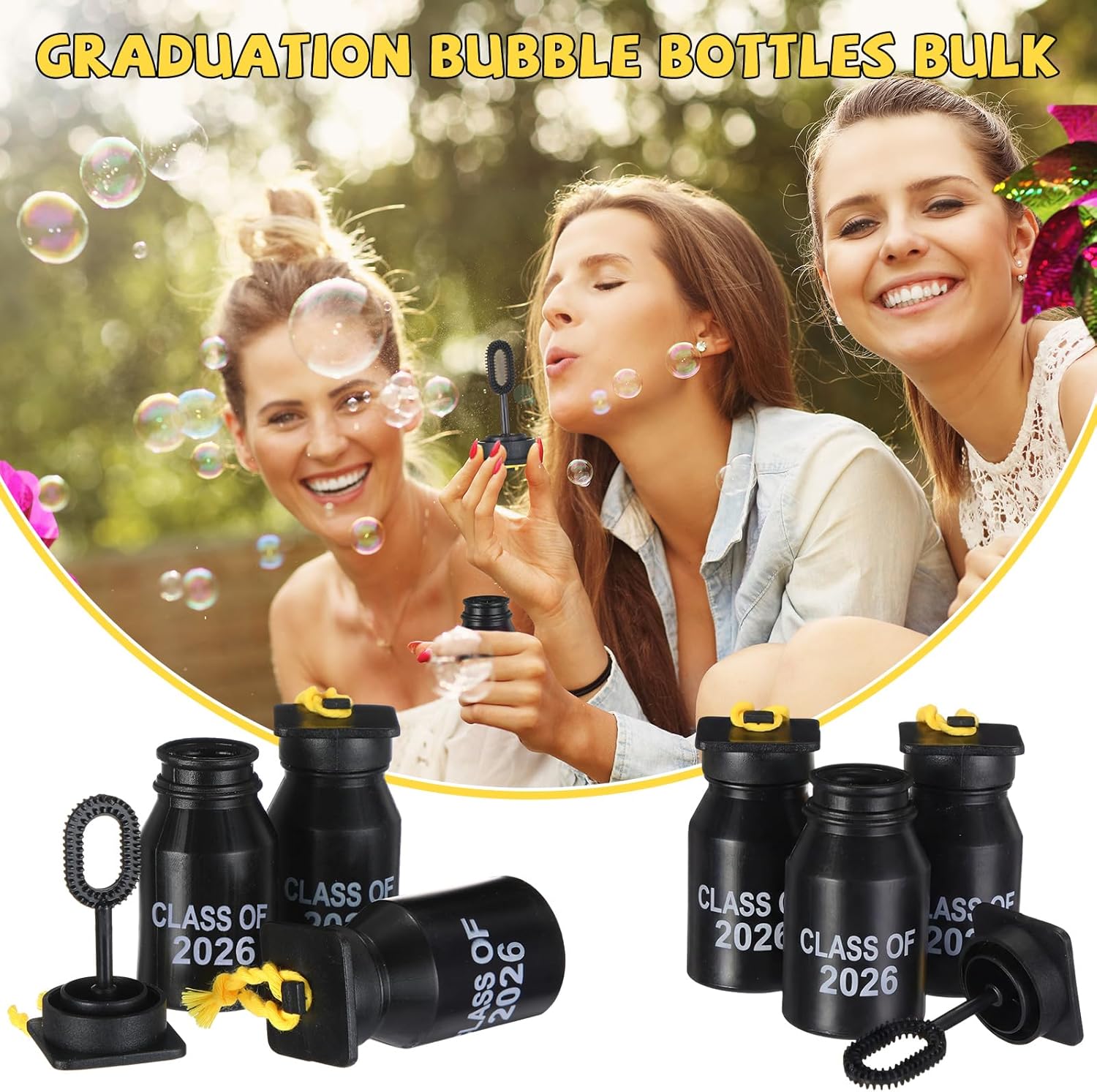 Hollowfly 72 Pcs 2026 Graduation Bubble Bottles Bulk 0.6oz Mini Bubble Bottles with Cap Wand 2026 Graduation Party Favors for Guests Congratulate Party Supplies (Black)
