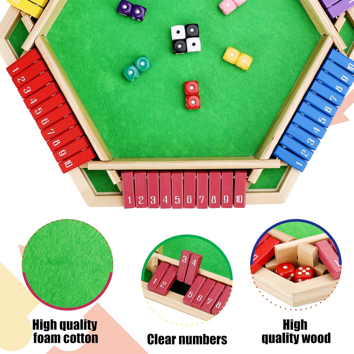 Shut The Box Game for 6 Players - Wooden Board Tabletop Family Math Game with 12+4 Dice