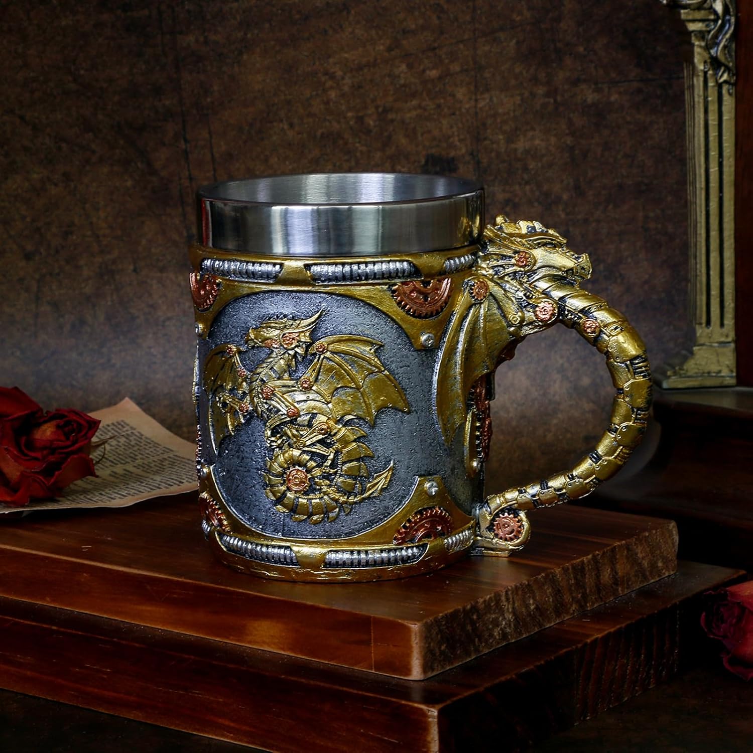 alikiki Medieval Steampunk Dragon Mug - 15.8oz Renaissance Mechanical Dragons Beer Stein Tankard Stainless Coffee Cup Father Day Gift Mug for Dragon Collector Lovers Themed Party Decoration - Image 9