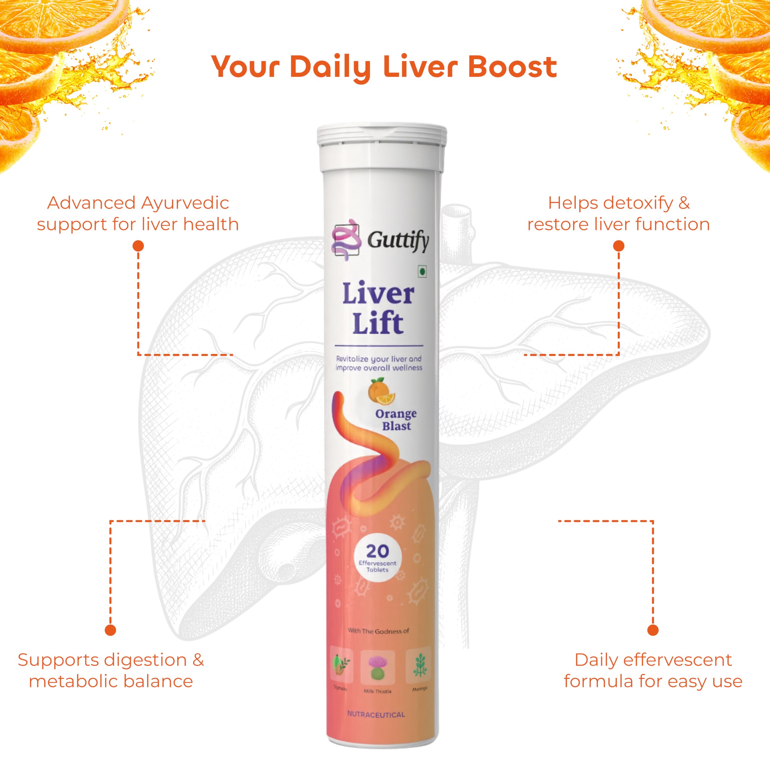 Liver Lift Orange Blast Effervescent Tablets with Triphala, Milk Thistle and Moringa for Liver Wellness, Detox Action, Metabolism Balance | 20 Tablets — Amazon image 2