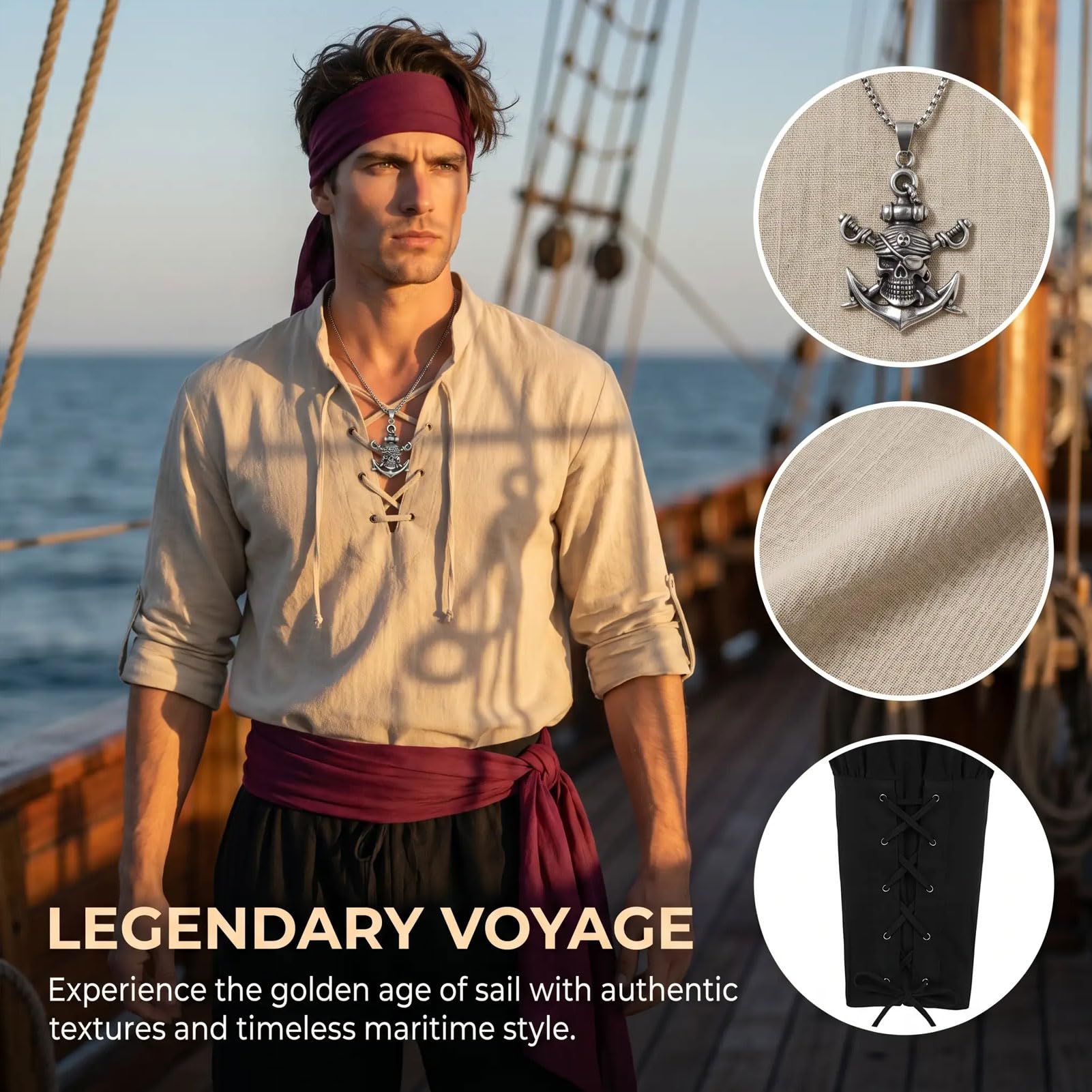 Costume de pirate pour homme avec chemise médiévale, pantalon, accessoires de pirate, costume de pirate pour homme, pour Halloween, carnaval, cosplay, fêtes