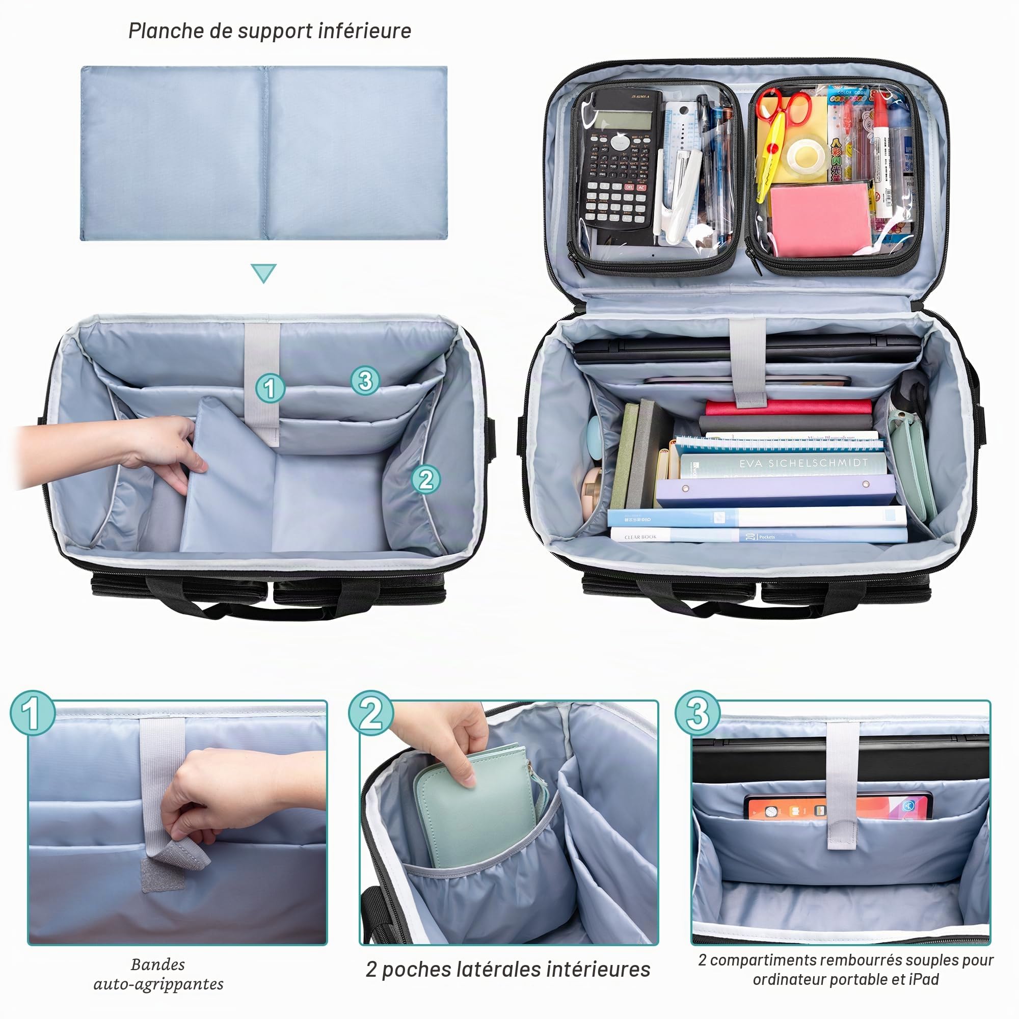 CURMIO Sac de Travail pour Enseignant, Sacoche à roulettes pour Ordinateur Portable de 15,6", Sac de Rangement Trolley pour Fournitures d'enseignant, Outils, Fournitures de Bureau, Artisanat, Noir