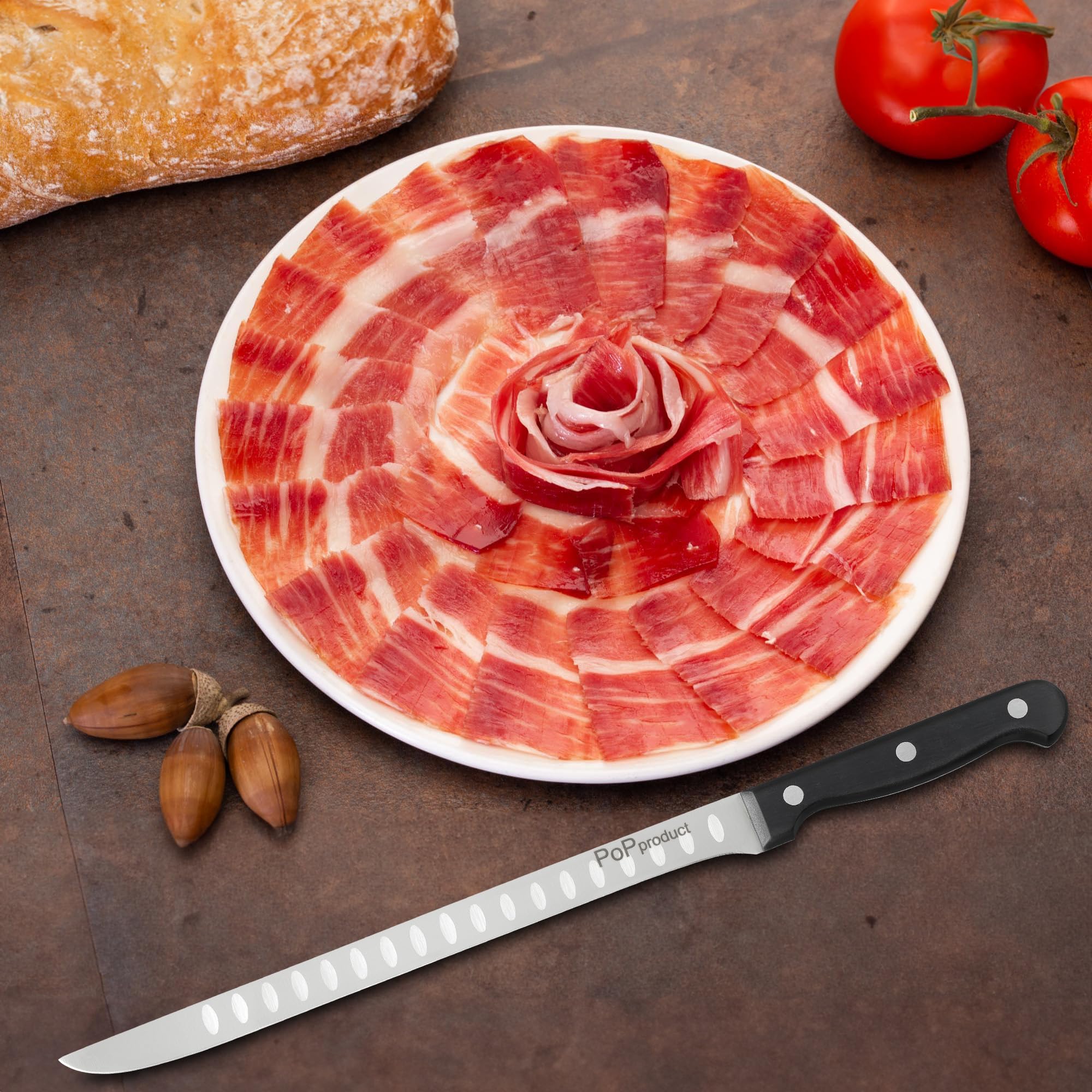 Cuchillo Jamonero Forja de Acero Alemán, alveolado en las dos caras. Hoja de 255 mm de acero inoxidable. Mango ergonómico de Polioximetileno-POM de 120 mm.