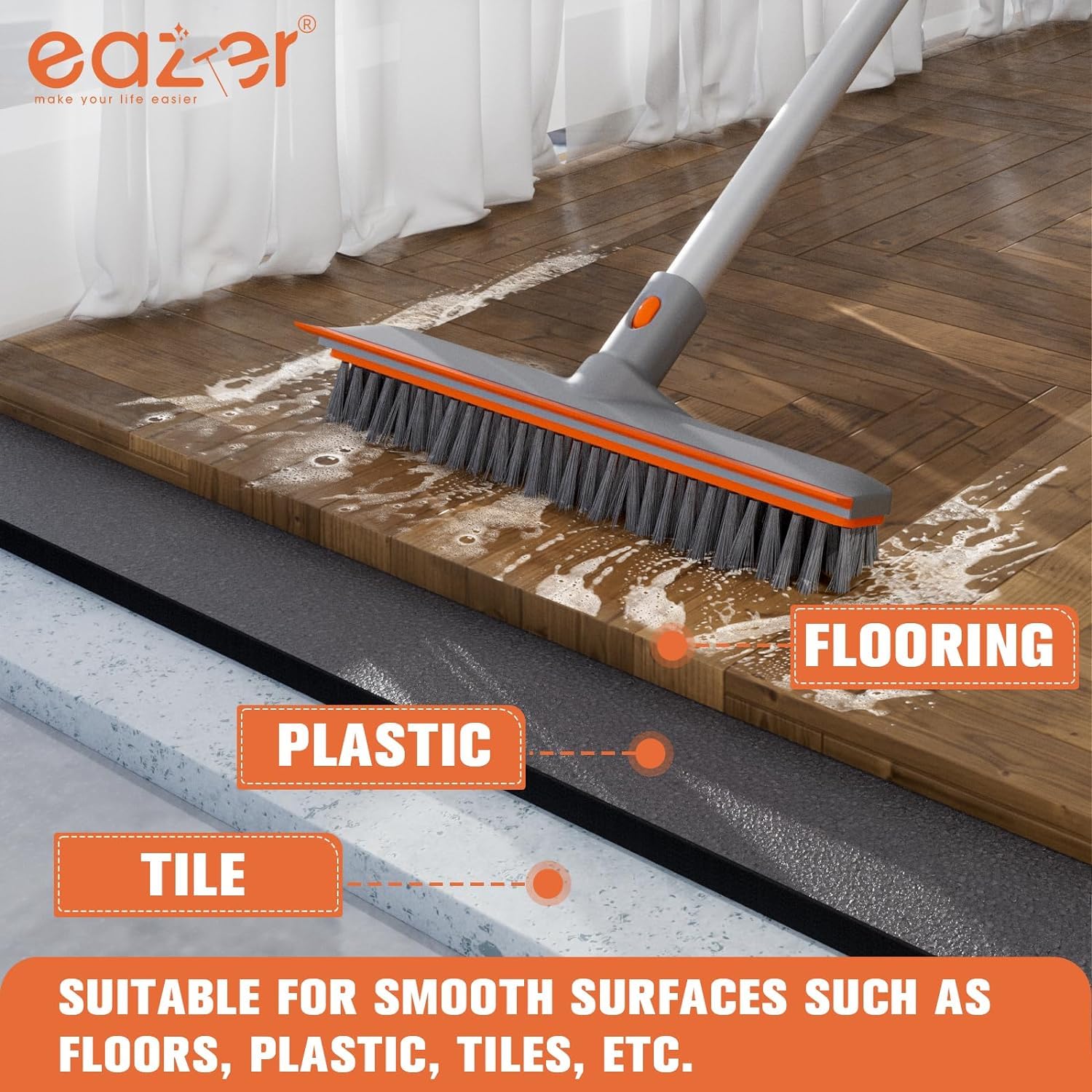 Eazer Cepillo de limpieza de suelo de 60 pulgadas, cepillo de limpieza 2 en 1 con mango largo, cepillo de cerdas suaves y duras para limpiar hormigón, escoba para piso, baño, cocina, pared, azulejos y