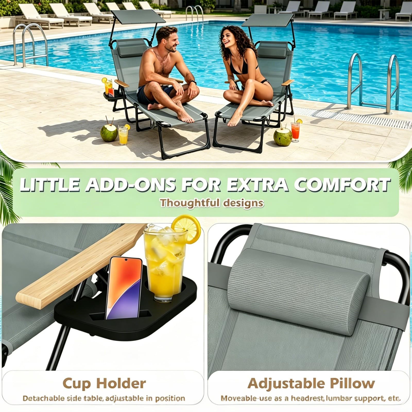 Gartenliege mit Sonnendach, Strandliege Klappbar Leicht, Sonnenliege Klappbar, Gartenliege Wetterfest, Verstellbare Campingliege für Garten, Balkon, Camping, Strand (Grau, Mit Sonnendach)