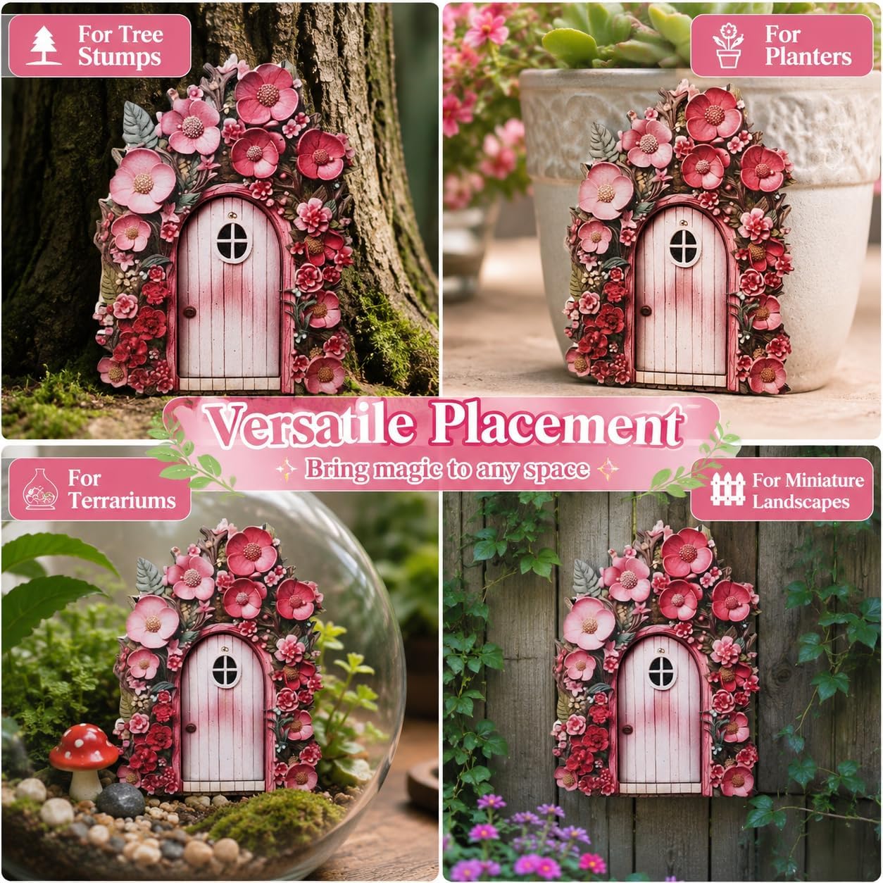Pink Daisy Frame Fairy Door for Tree Stumps, Miniature Garden Decor, Outdoor Landscape Accessories, Garden Sculptures image 5