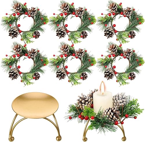 12 portavelas de corona de Navidad que incluyen 6 anillos votivos de bayas con piñas y 6 portavelas de metal para decoración de fiesta de Navidad