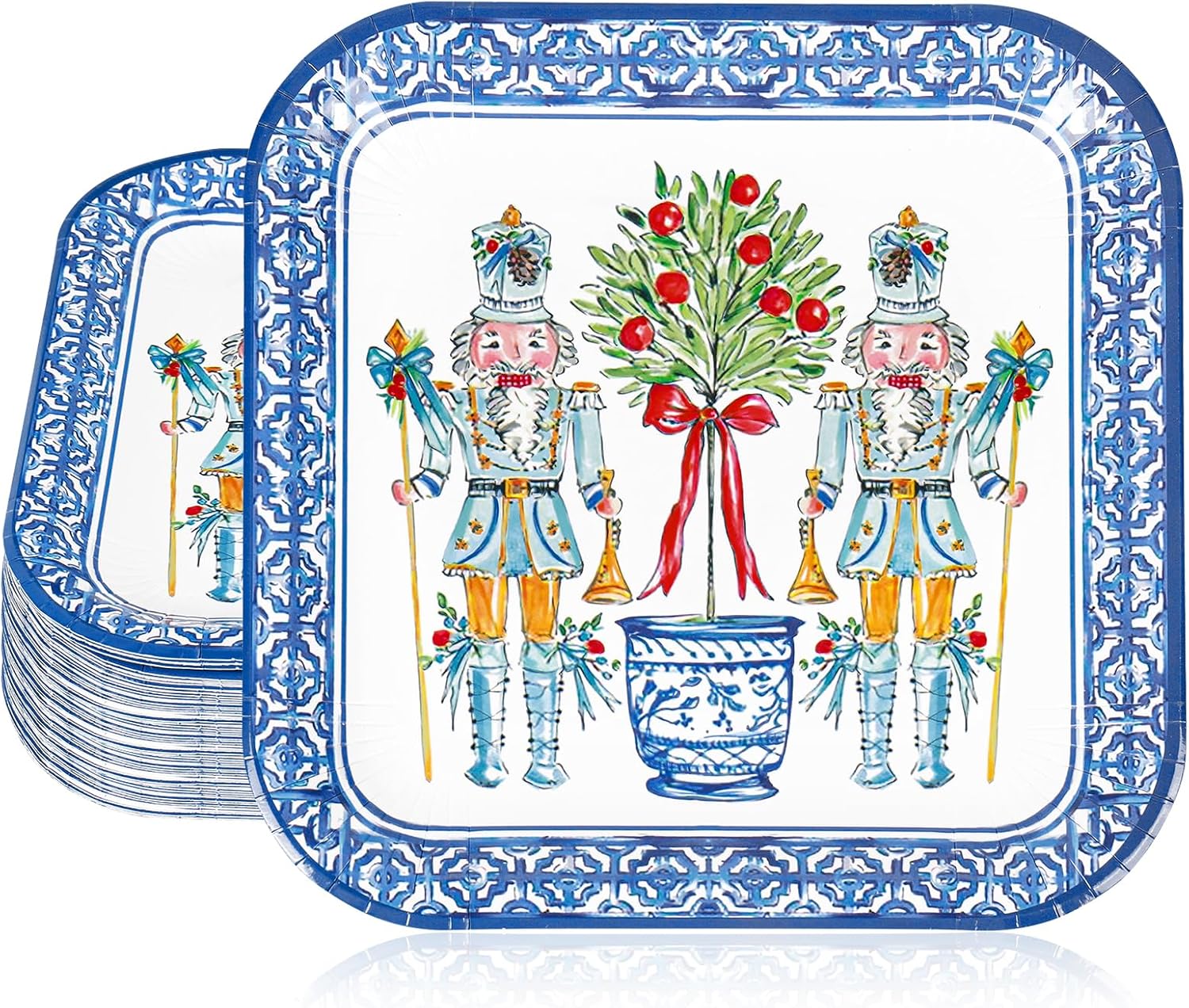 JarThenaAMCS 50 Pcs Christmas Paper Plate Nutcracker Chinoiserie Disposable Plates Square Dinner Plates for Xmas Winter Party Tableware Supplies, 9 Inch