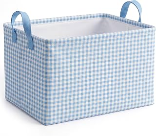 Hushee Blue Gingham Basket Checkered Storage Collapsible Bin with Handles | Rectangular Bin, Sturdy Canvas Exterior with Waterproof Liner, Collapsible Design, Space-saving, 14.9'' x 10.2''