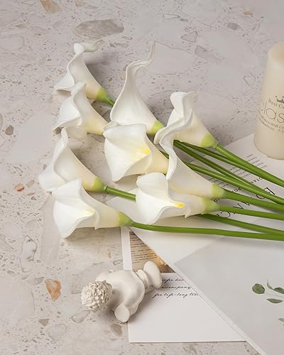 Miniatura 4 de DuHouse 20 flores artificiales de látex de tacto real para bricolaje, ramo de boda, fiesta, decoración del hogar (blanco amarillo)