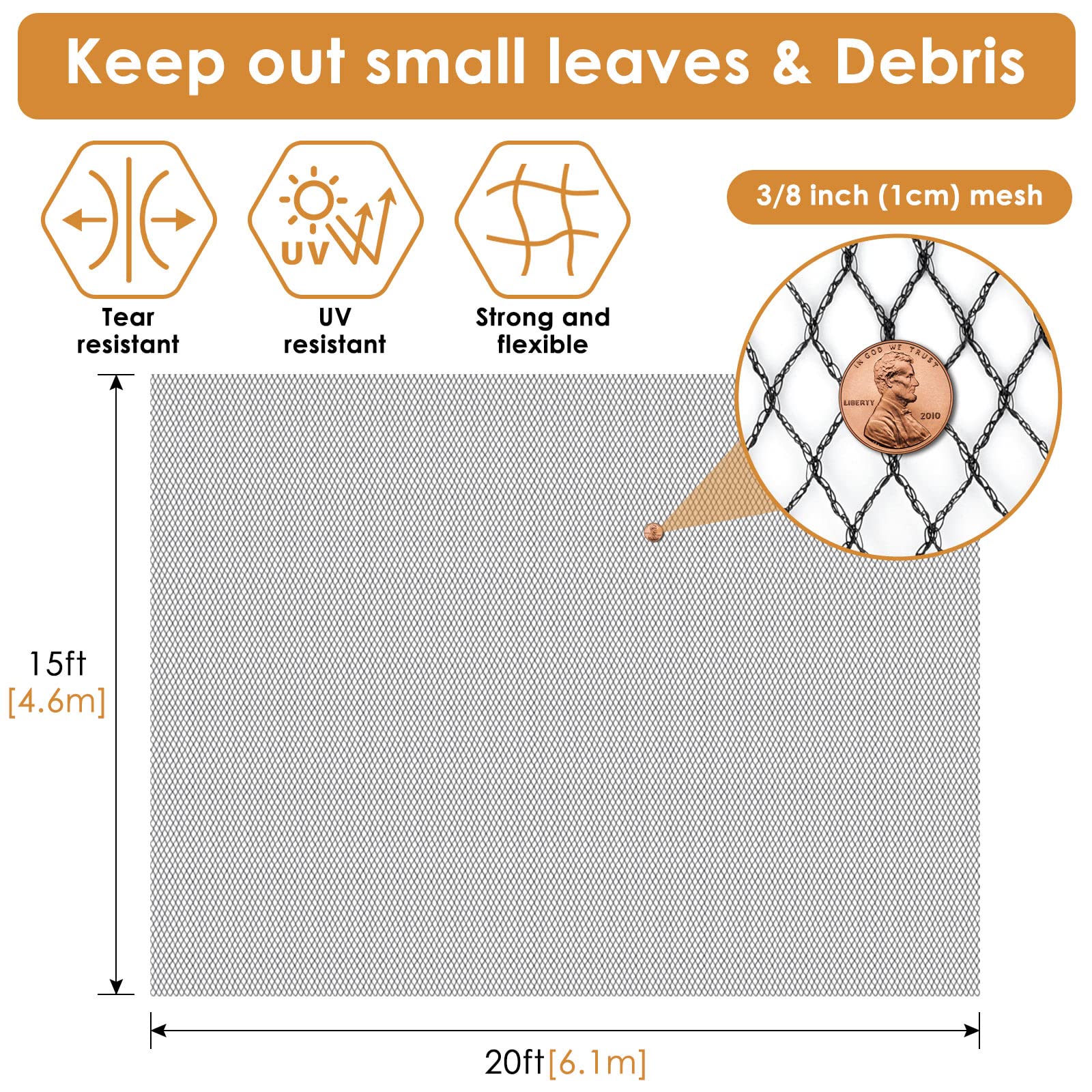 PACETAP Pond Netting Kit 15 x 20 Ft,Pond Netting for Leaves,Koi Pond Cover,Heavy Duty Koi Pond Netting,Pool Protective Cover Netting Protecting Koi Fish from Birds, Cats -Stakes Included