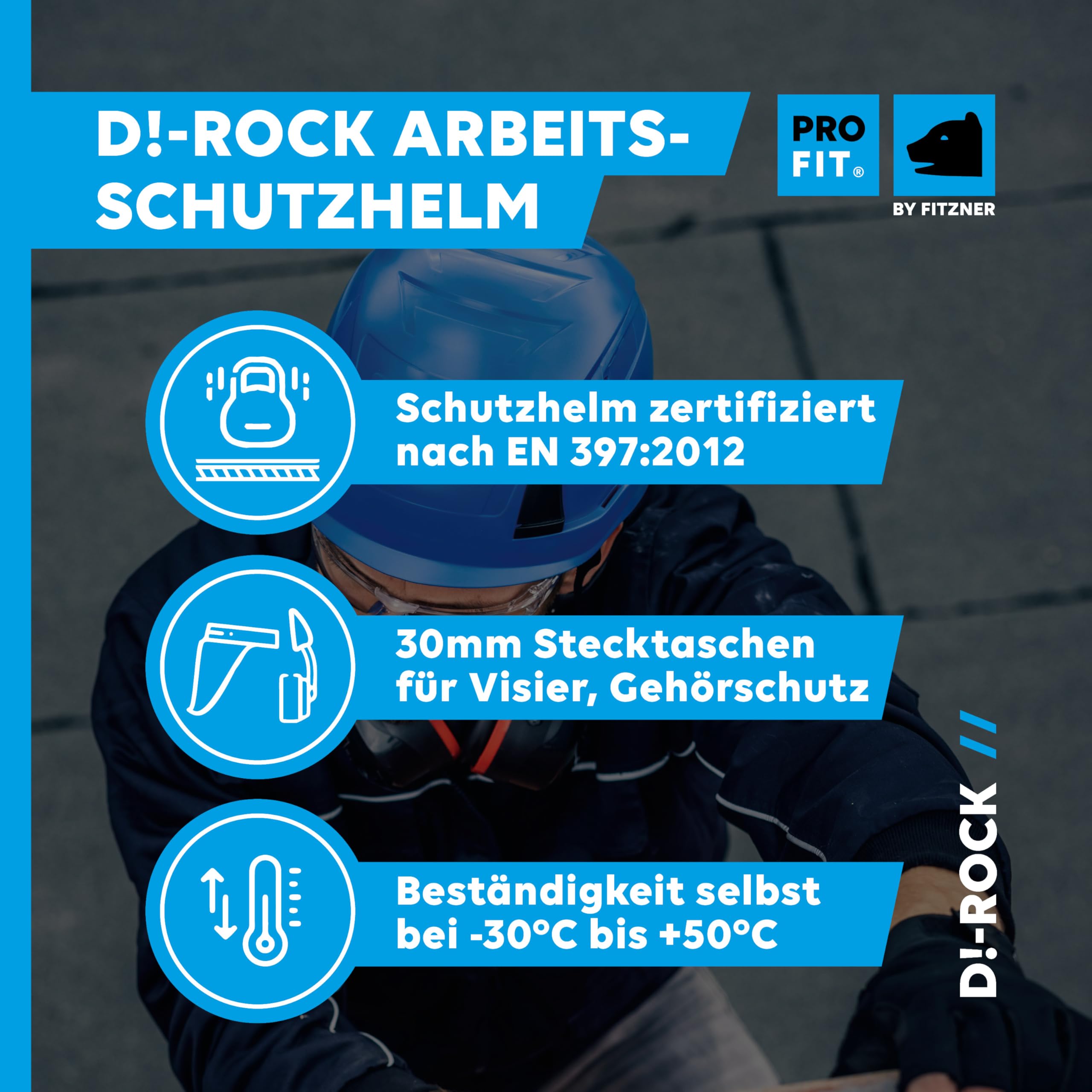 PRO FIT Arbeitsschutzhelm D!-Rock - Belüfteter Bauhelm mit Drehrad - 53-56 cm Kopfband - 30 mm Stecktaschenhalterung - Für die Baustelle