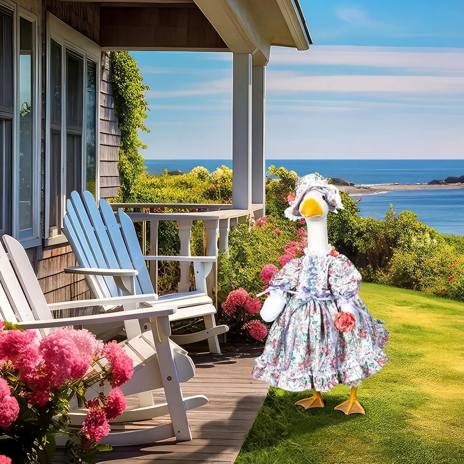 Suzile Porch Goose Outfit Set Spring Flower Lolita Dress Hat Clothes for 23'' Porch Goose Plastic Cement Statue Costume for Spring Easter Primitive Rustic Summer Outdoor Patio Yard Lawn Decor