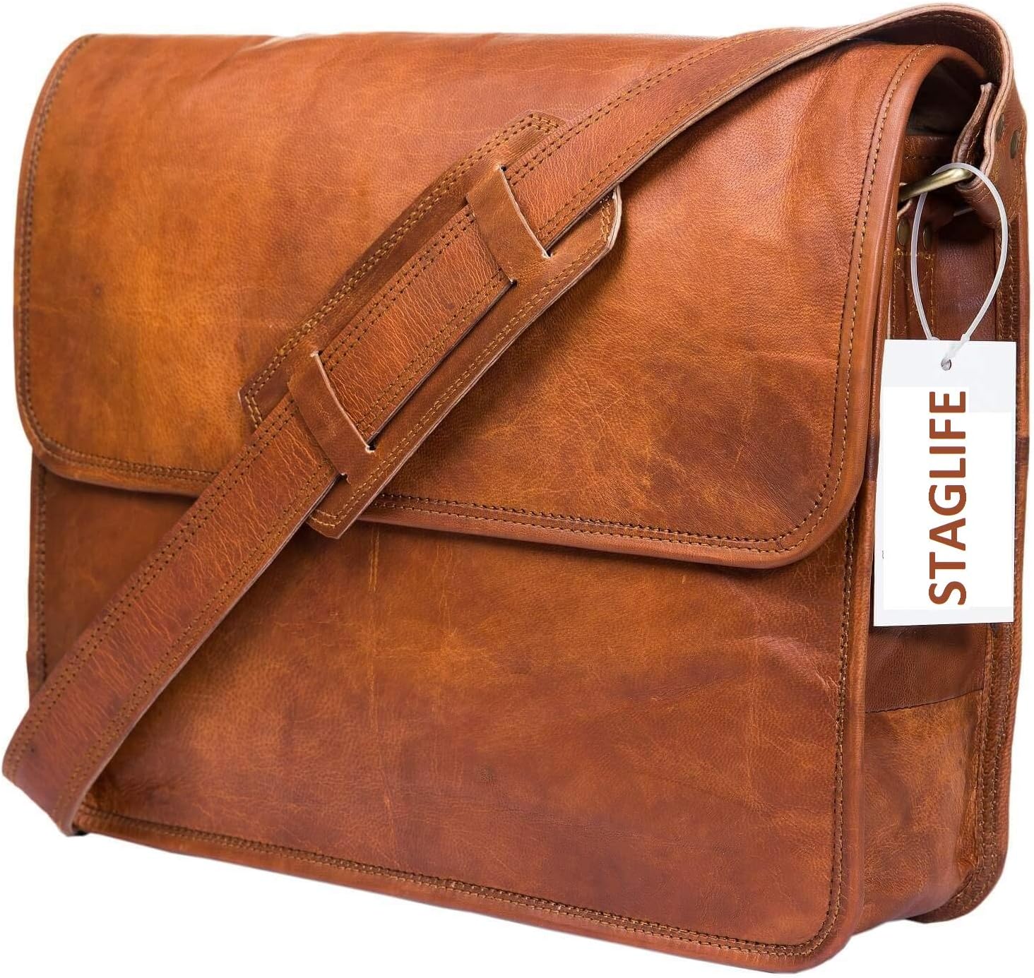 Urban Leather Mens Shoulder Bag - Satchel Messenger Bag for Men and Women - Office Executive Laptop Bag Work Classic Style Vintage Brown Book Bag - New Job Gifts for Promotion to Boy Friend, Size 15.5