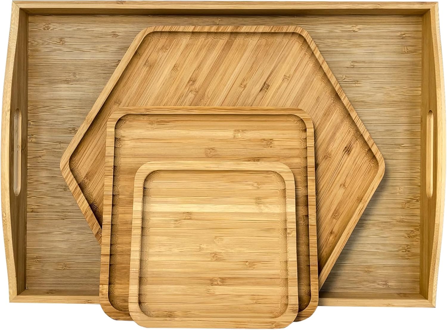 Bamboo Serving Trays Charcuterie Platter 16.5"x11.8"?42x30cm with Handle, Set Includes 1xHexagon 12.5"(32cm)+1xSquare 7.8"(20cm)+1xSquare 5.9"(15cm) Small Plates for Family Dinner 1hexagon+2square