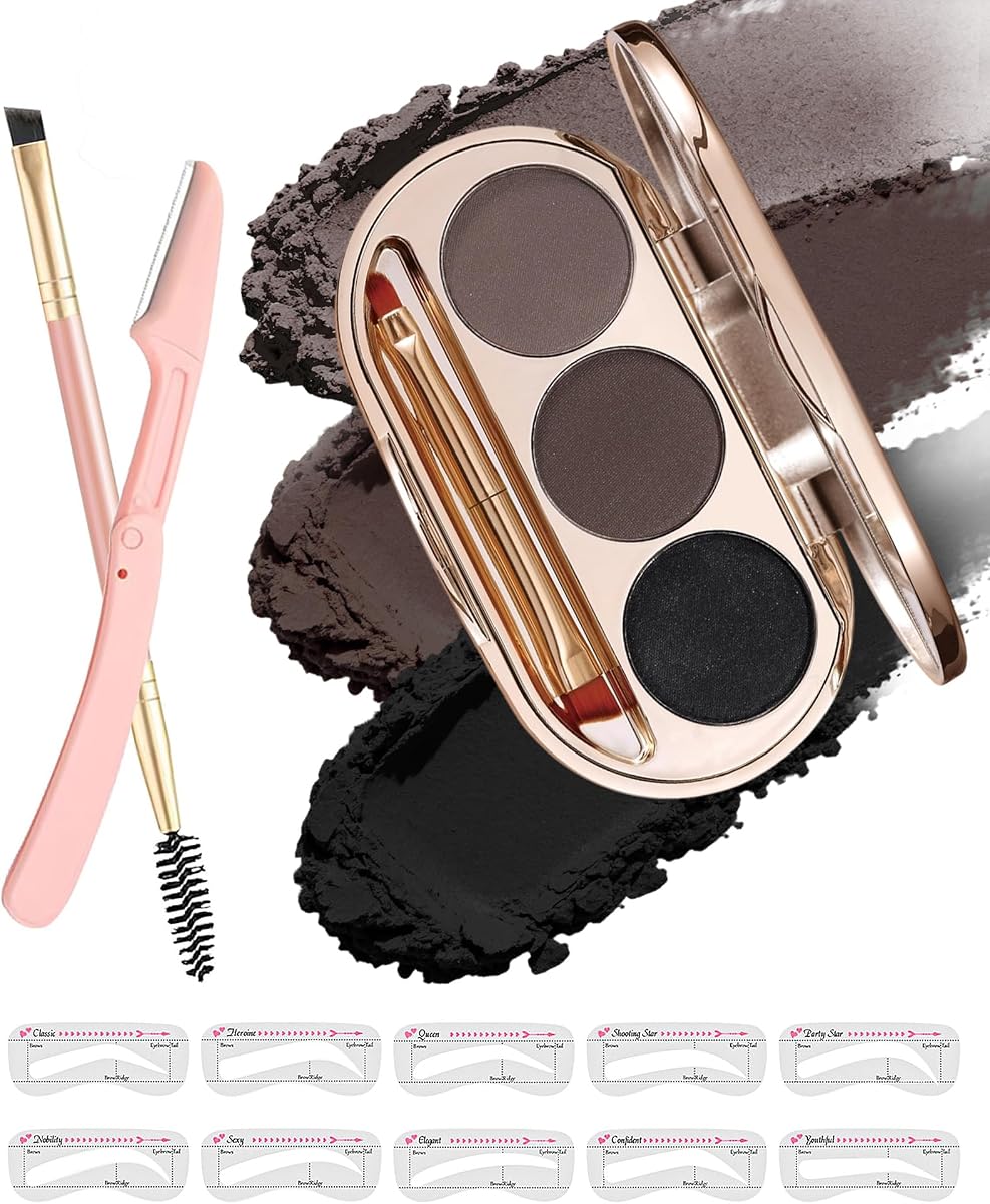 Waterproof Eyebrow Powder Kit - 3 Colors Long-Lasting Brow Powder Palette with Brush Razor & Stencil, Natural Tinting Powder for Women Sparse Brows | #03 Medium Brown, Dark Brown, Black