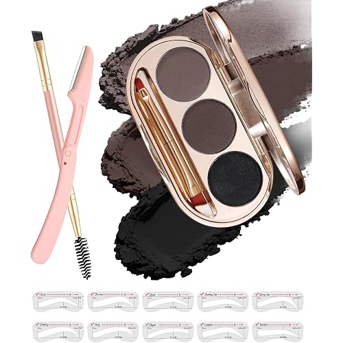 Waterproof Eyebrow Powder Kit - 3 Colors Long-Lasting Brow Powder Palette with Brush Razor & Stencil, Natural Tinting Powder for Women Sparse Brows | #03 Medium Brown, Dark Brown, Black
