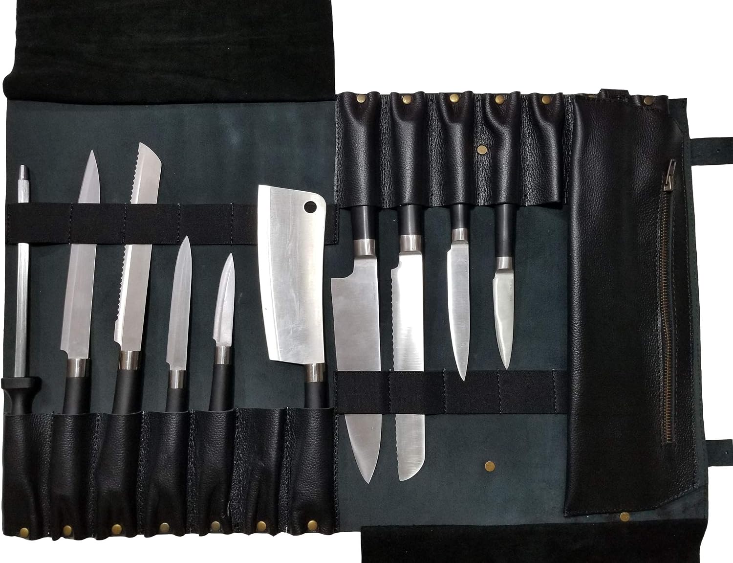Genuine Lightweight Premium Leather Professional Black Chef Knife Bag/Chef Knife Roll 14 Slots Space #K7