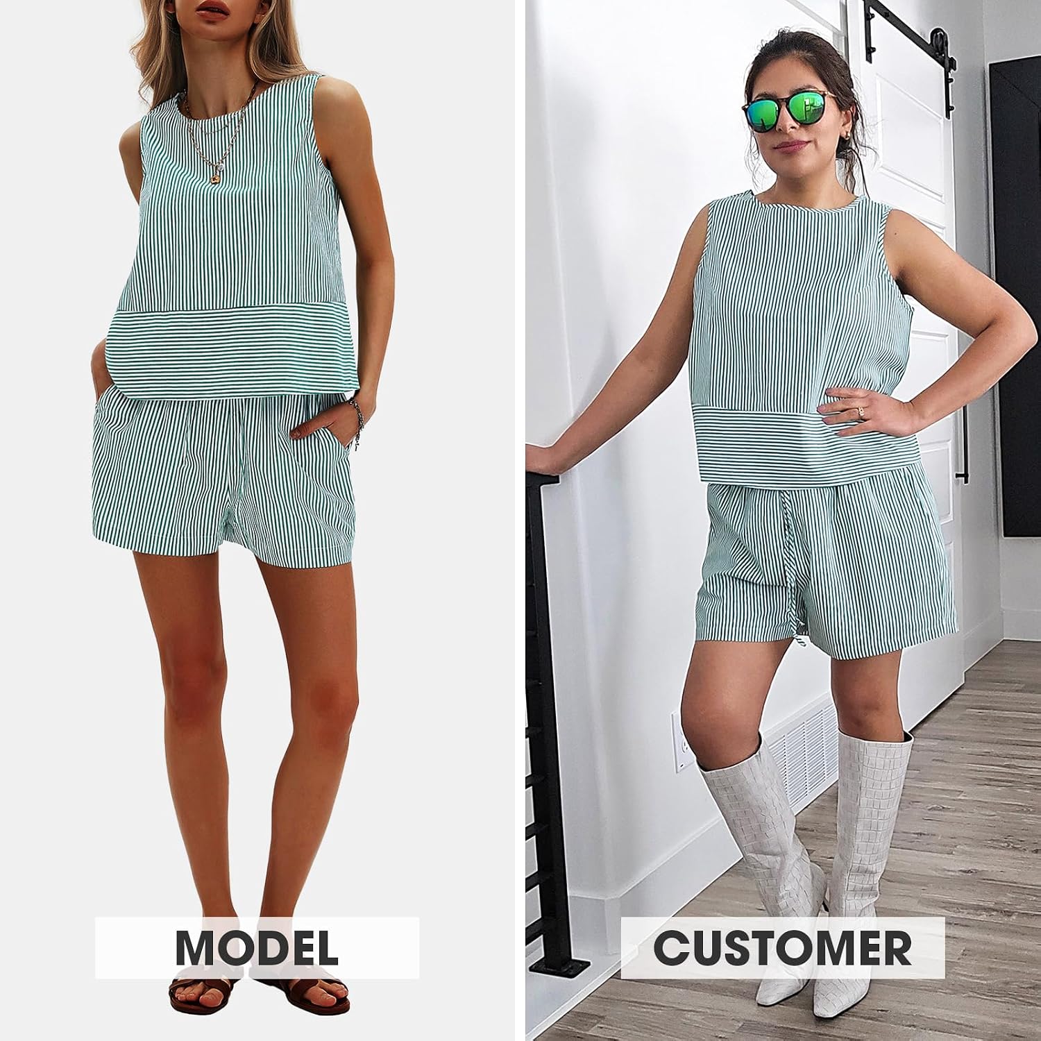 EXLURA Womens 100% Cotton Two Piece Sets Summer Outfits Casual Sleeveless Tank Top Matching Shorts Sets Beach Vacation Resort