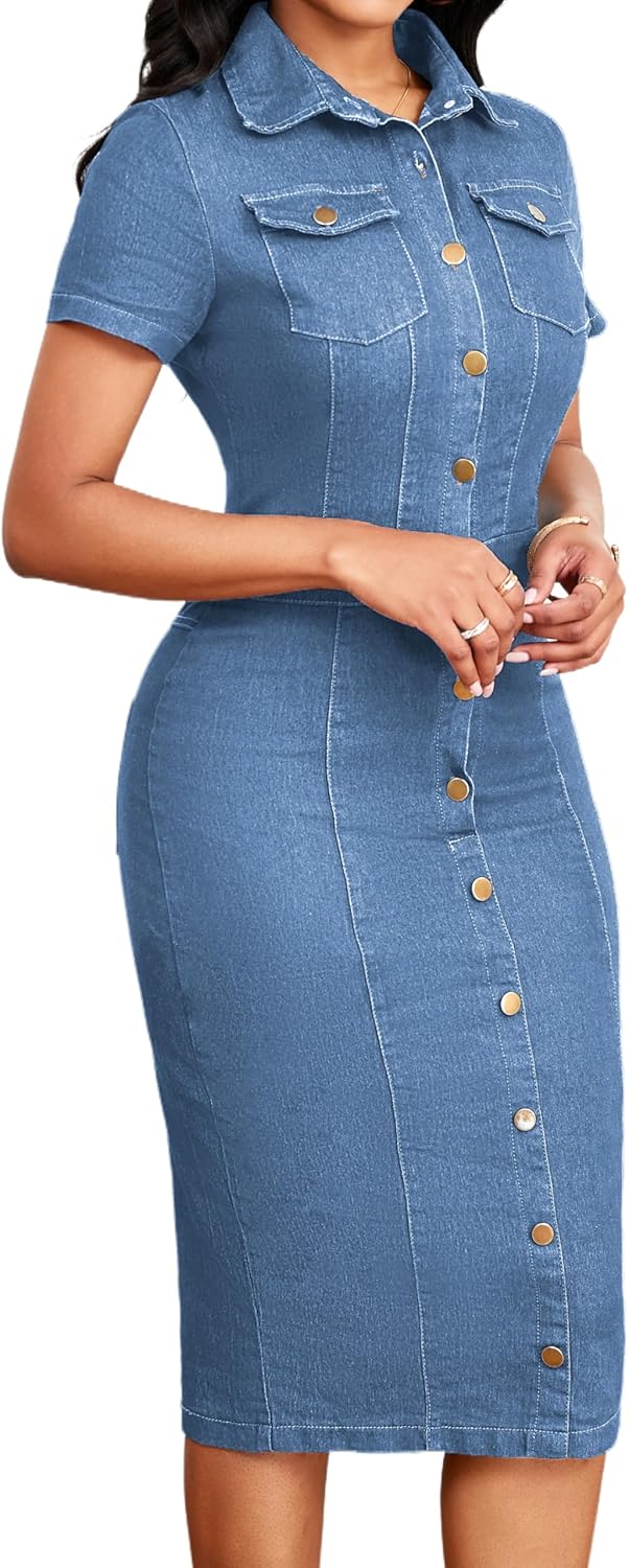 SeNight Women Denim Dresses Elegant Sexy Short Sleeve Jean Party Dress - Image 2