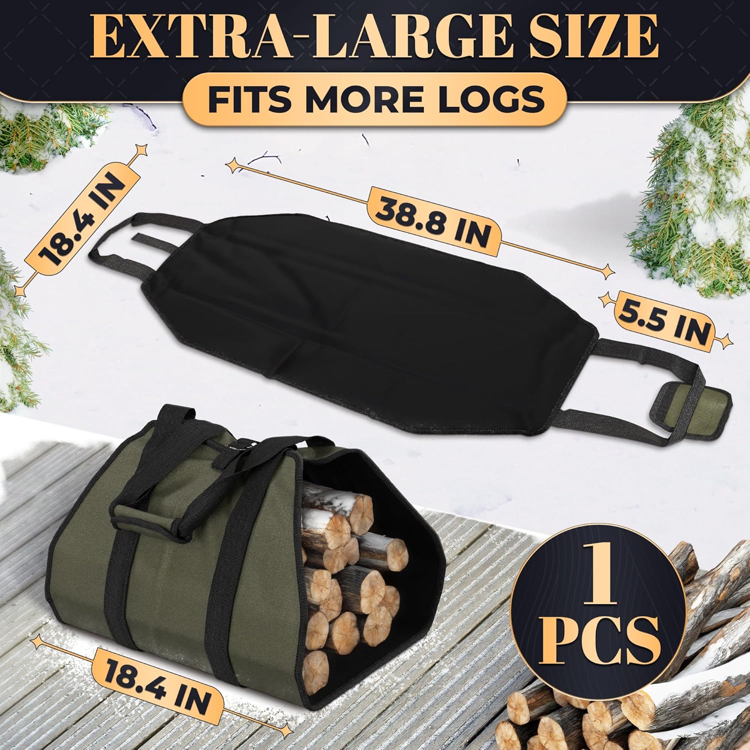 Water-Resistant Firewood Carrier Bag – 39.4"x18.5" Waxed Canvas Log Carrier for Firewood, Open-Ended Design, Large Capacity Wood Tote with Padded Handles, Buckle Strap & Folds Flat for Easy Storage - Image 2