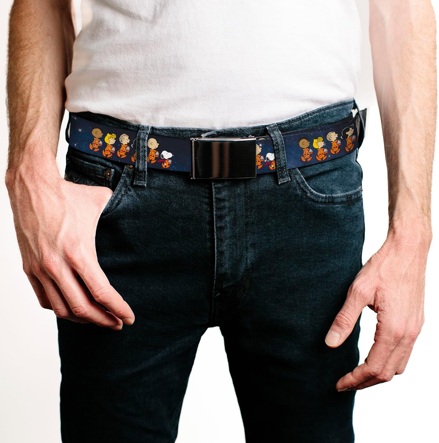 Adjustable Belt, Clamp Buckle, Cut-to-Fit, Peanuts Gang Astronauts Space Walk Group Pose Blues