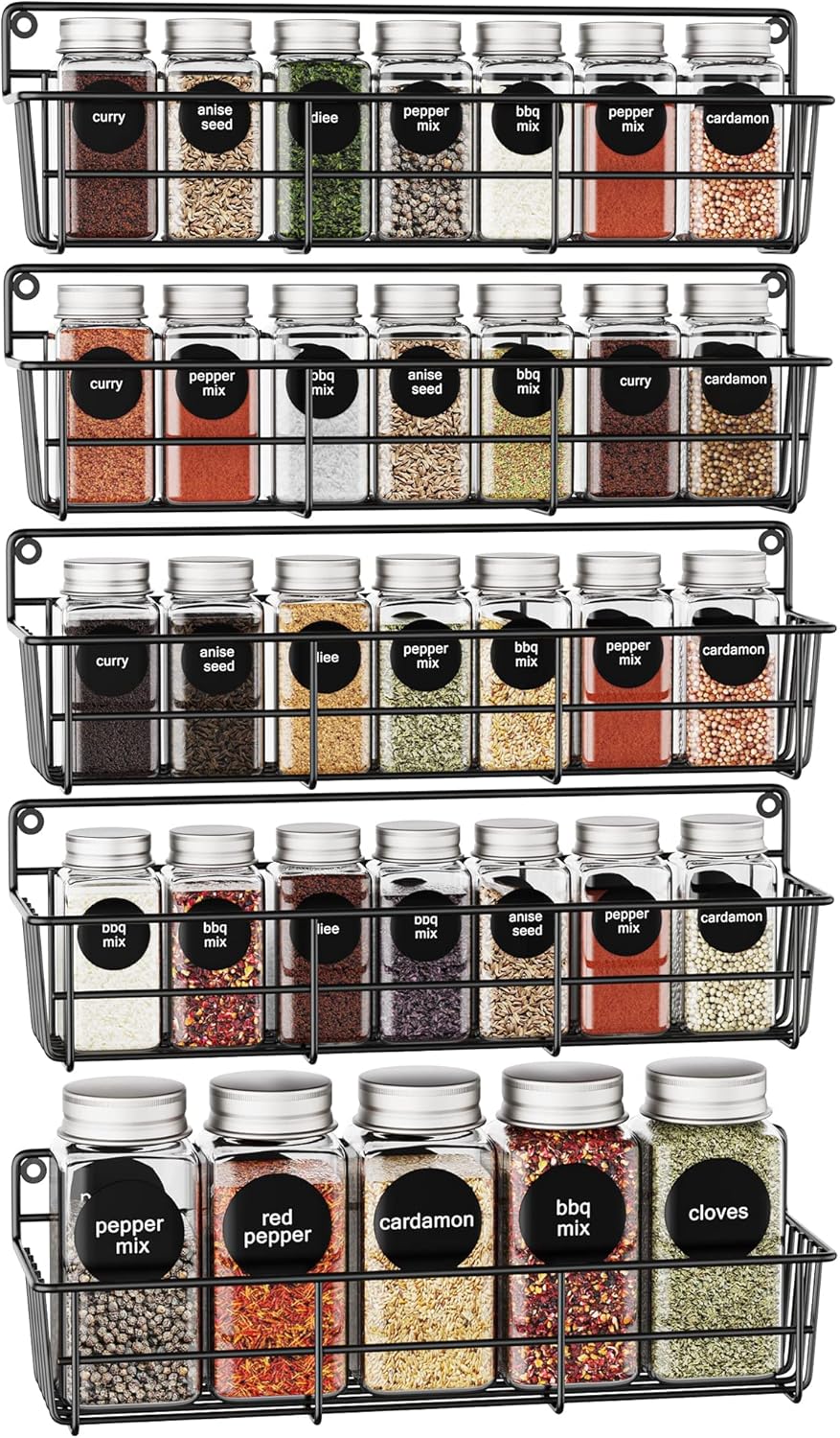 Wall Mounted 5-Pack Spice Rack and Seasoning Organizer