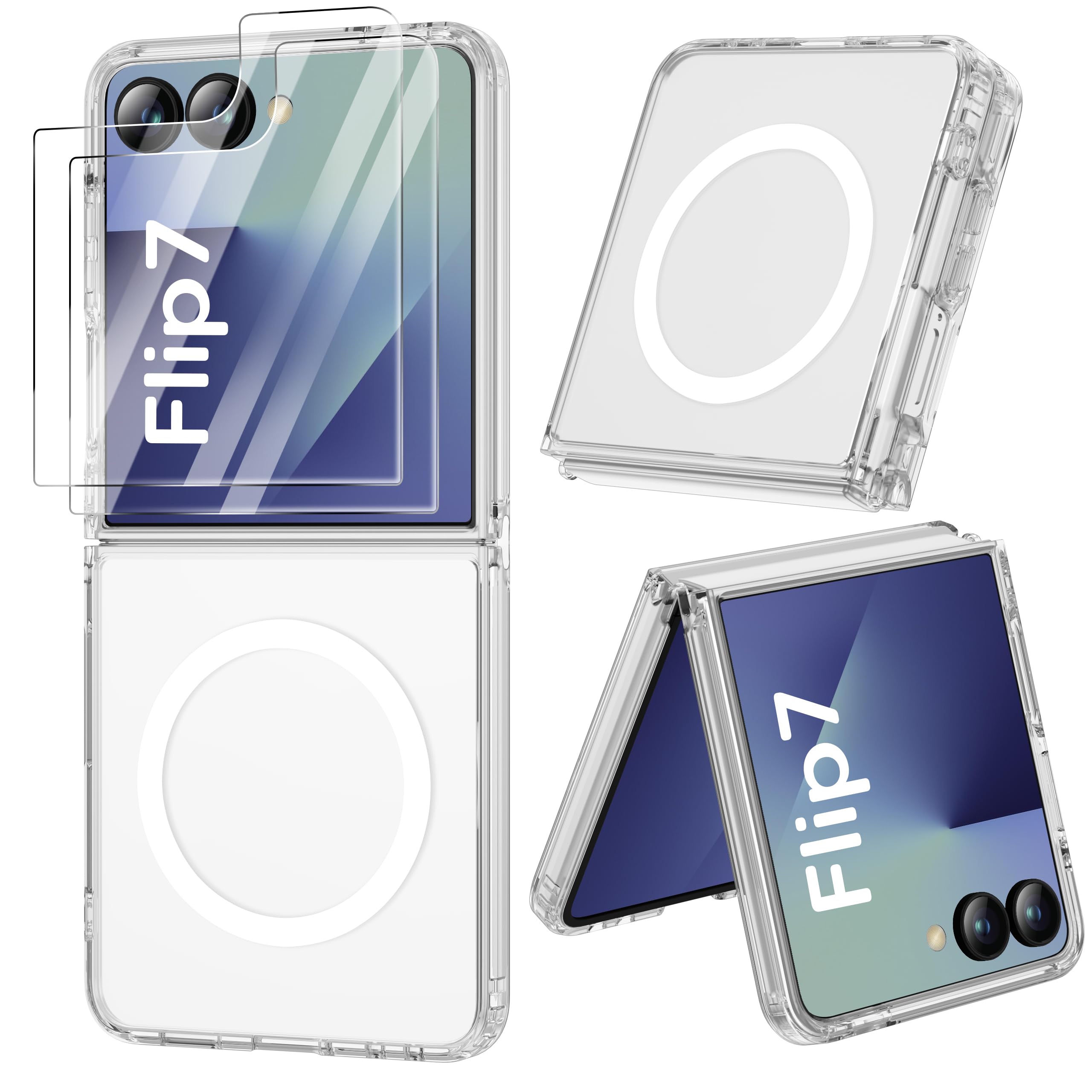 ORETECH Magnetic for Samsung Galaxy Z Flip 7 Case, with [2 x Screen Protector] Transparent Back Non-Slip Hard PC Shockproof Bumper Protective Case for Samsung Z Flip 7 - Clear