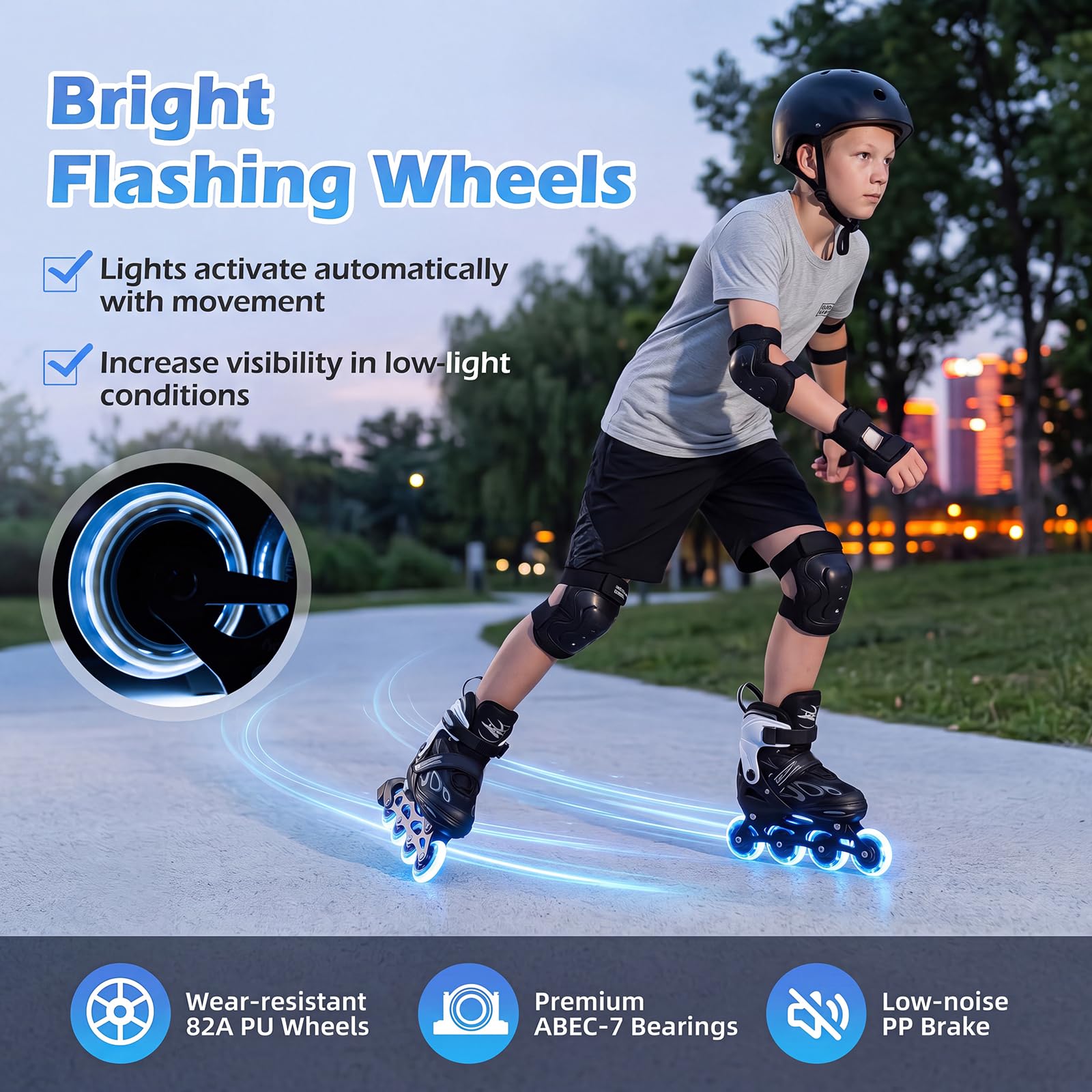 HOMASIS Roller en Ligne, Patins à roulettes avec Roues LED Illuminées, Patins à Glace Réglables avec Protection Antichoc, pour Enfant de 5-14 Ans