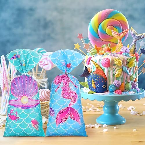 Miniatura 3 de Hotop 100 bolsas de regalo de sirena, bolsas de dulces para fiesta del océano, con 150 vueltas de tiescelofán, regalo para niños y niñas,