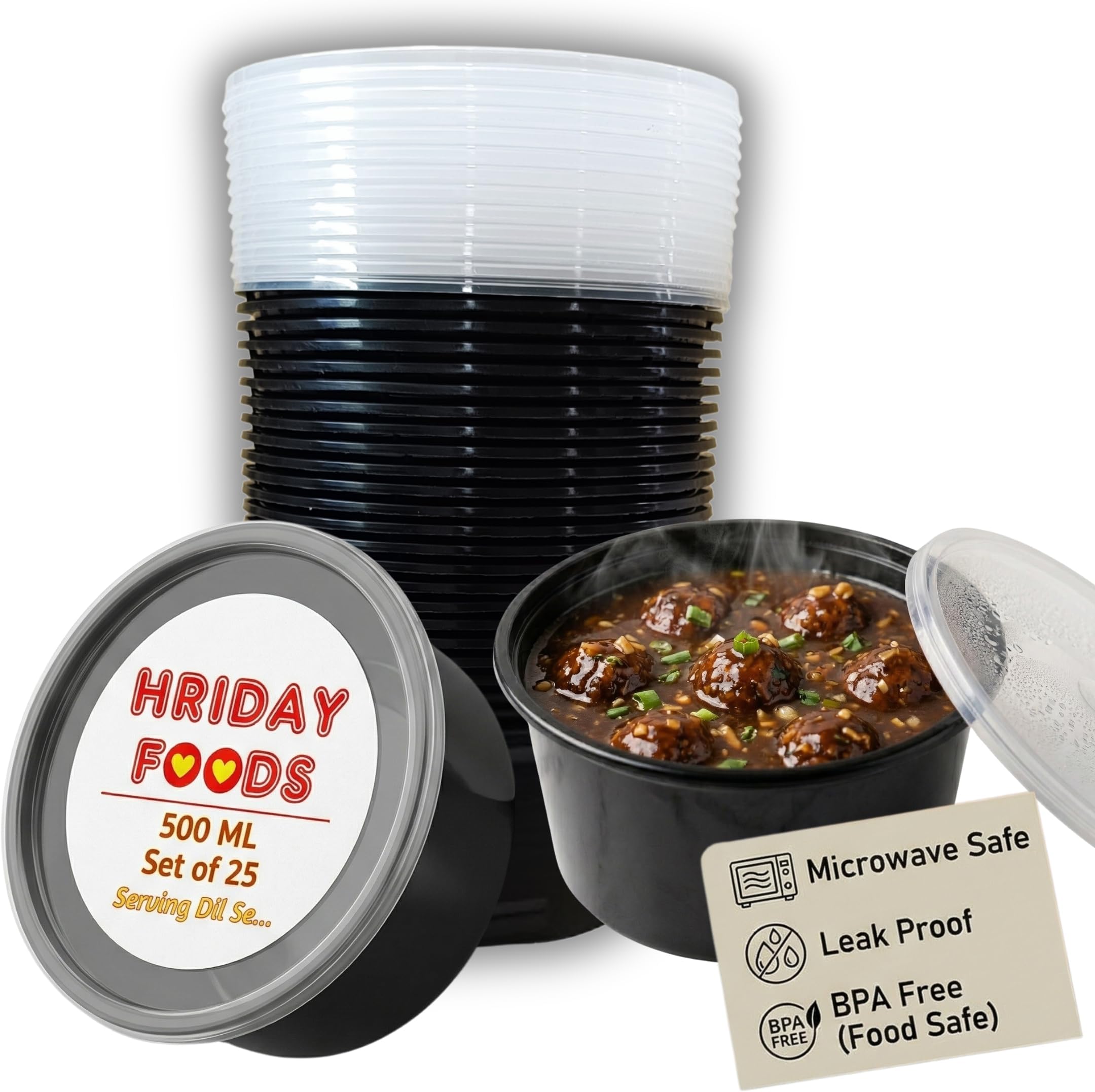 500 Ml Black Round Container With Air Tight Transparent Lid:Set Of 25 - Microwave Safe, Reusable Plastic Containers For Food Delivery