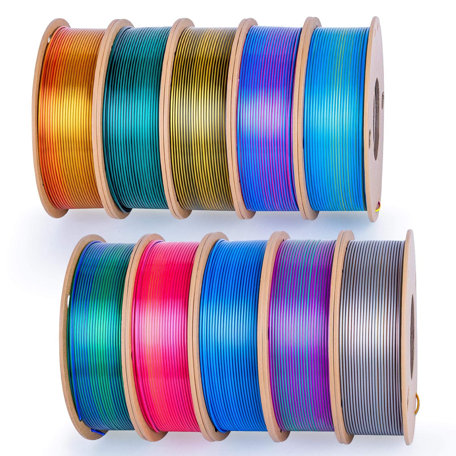 Silk PLA Filament 1.75mm Bundle, Shiny Metallic Multi-Color 3D Printer Filament 10-Pack (250g/Spool, 2.5kg Total), High Gloss & Smooth Finish for
