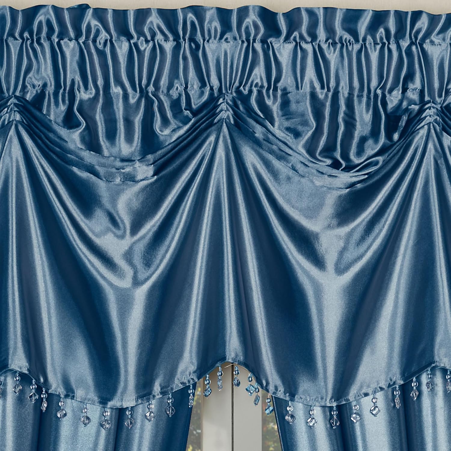 Touch of Class Portia Luxury Window Treatment | Rich Sapphire Blue | Premier Smooth Polyester Satin 2 Piece Window Drapery Set with Tuck Valance and 84 Inch Long Curtain Pair