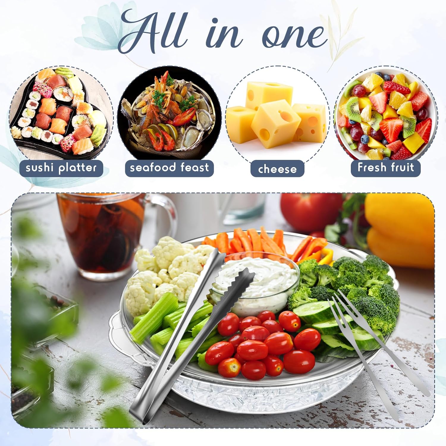 Baderke 2 Sets 11.8" Chilled Serving Tray for Parties Round Iced Platter with Ice Underneath Stainless Steel Clip Fruit Fork Shrimp Cocktail Serving Dish for Oysters Crawfish Fruits (Original) - Image 4