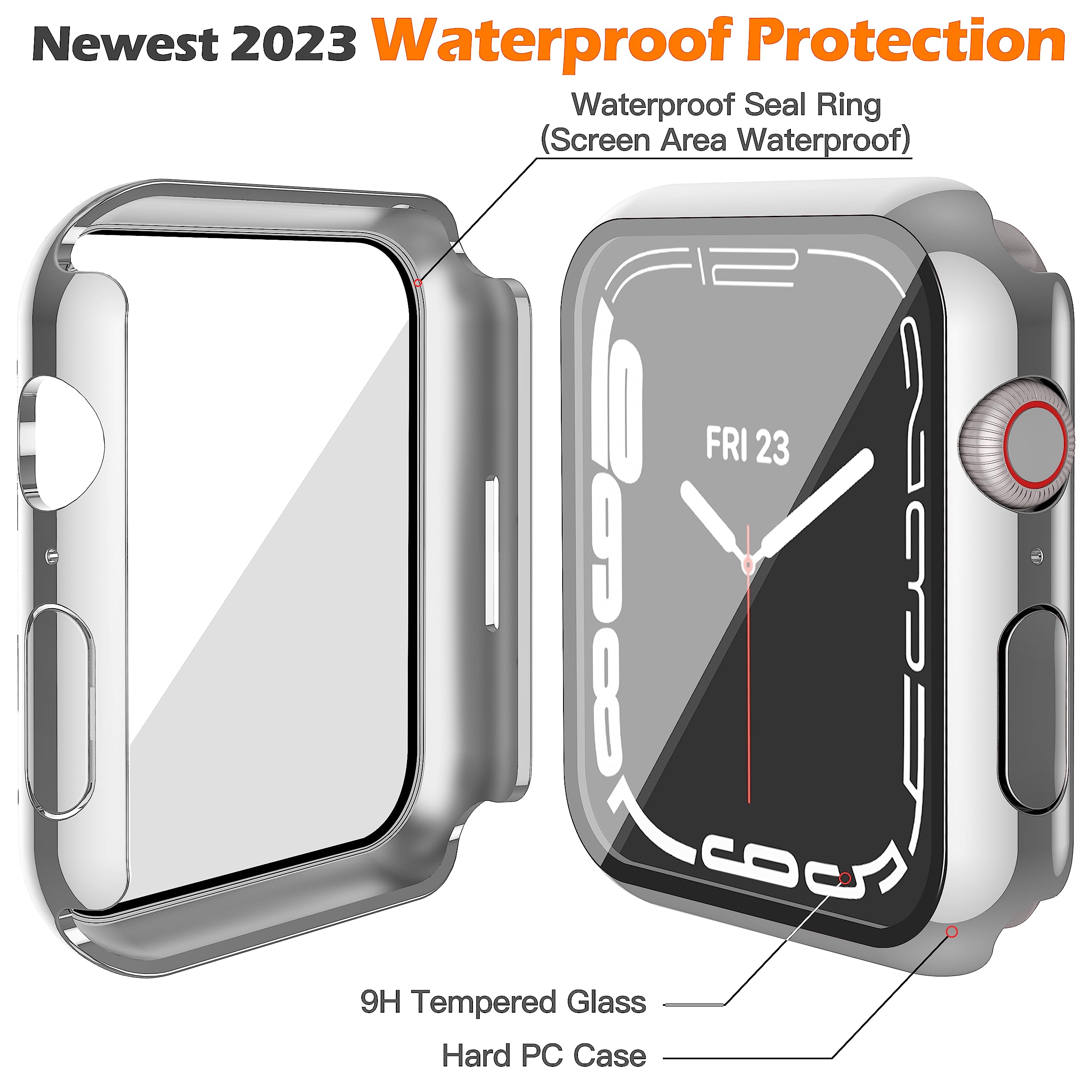 Misxi Confezione da 2 custodie impermeabili antigraffio con pulsante per Apple Watch Serie 9 (2023) Serie 8 Serie 7 45 mm, cover rigida in PC con pellicola protettiva in vetro temperato per iWatch, 1