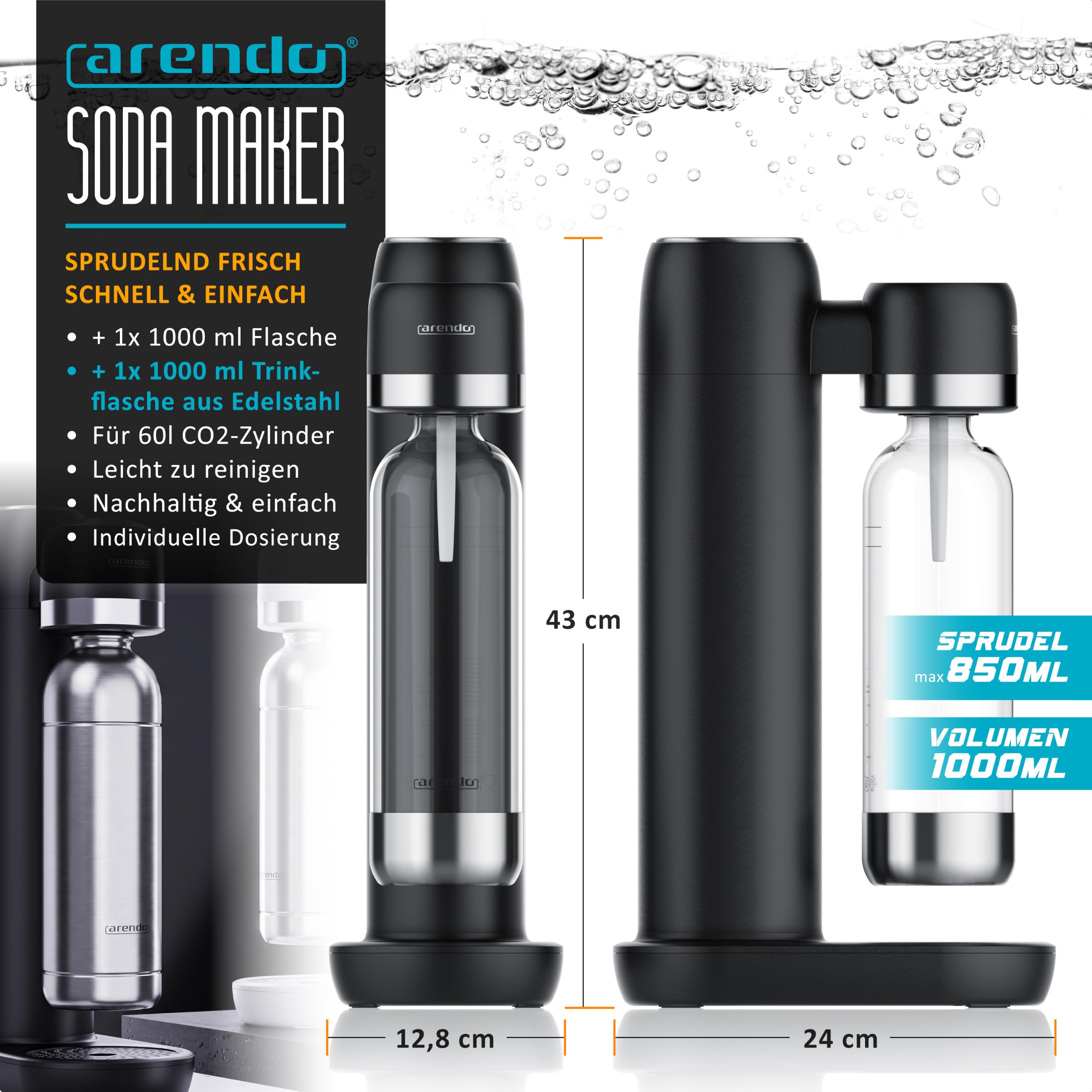 Arendo - Soda Maker Wassersprudler – inkl. 1000 ml Wasserflasche BPA frei + 1000ml WAsserflasche Edelstahl – fein dosierbar – Soda Streamer kompatibel mit 60 l CO2 Zylindern