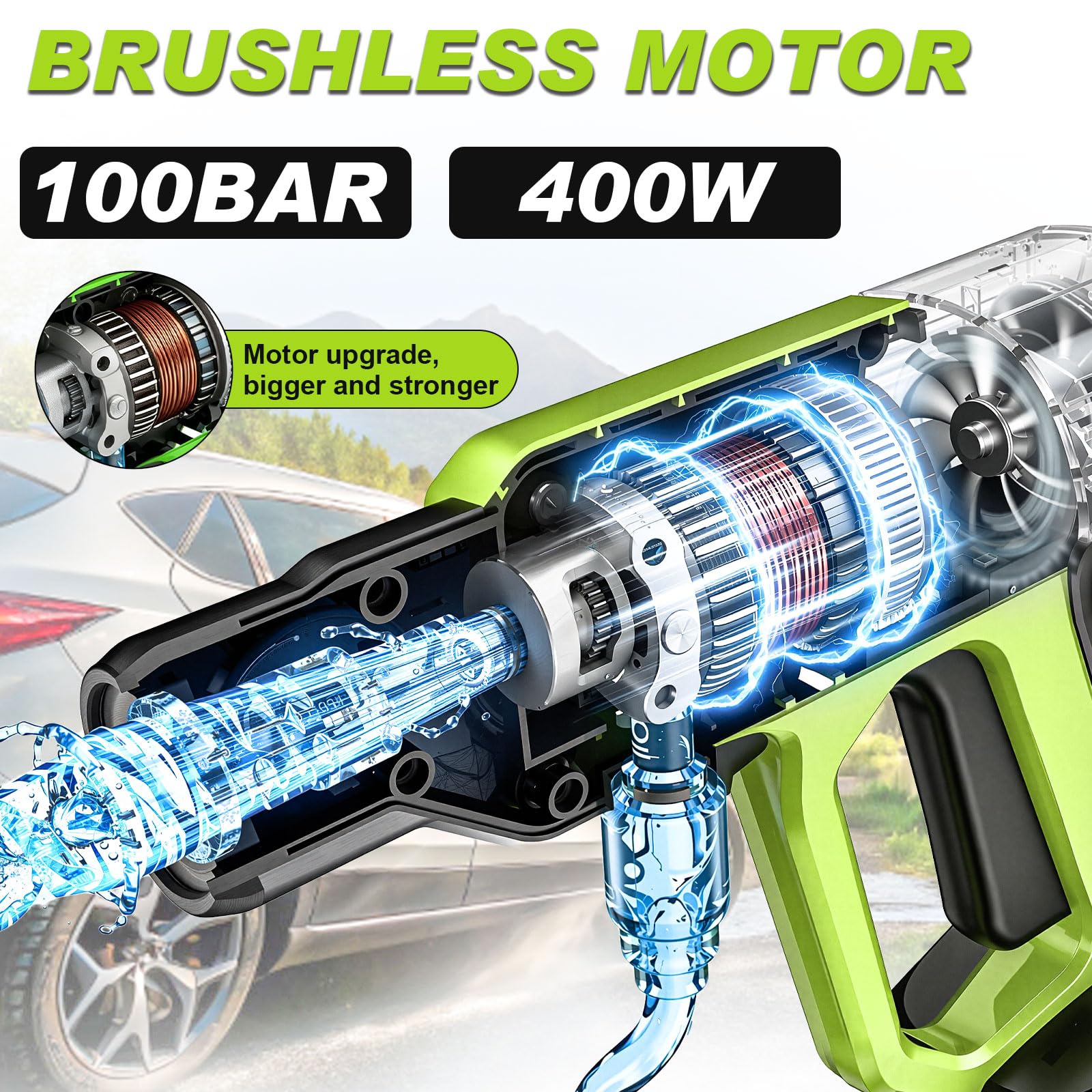 100Bar Nettoyeur Haute Pression sans Fil avec 2*Batteries 4.0Ah, Moteur sans Balais, Mode 3 Vitesses, Nettoyeur Haute Pression avec Pompe, buse 5 en 1 pivotante à 180°, Tuyau de 5 m
