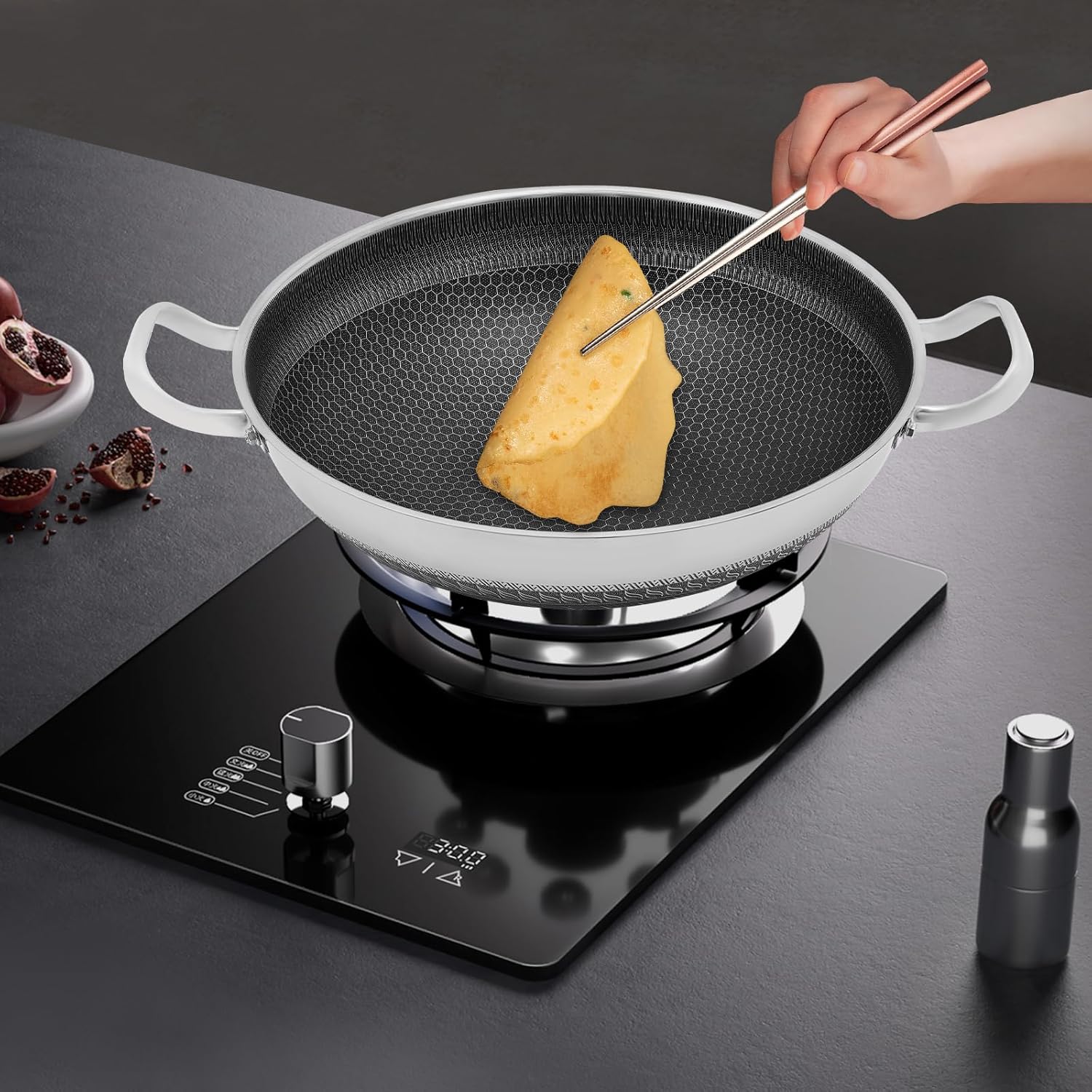 3PCS Stainless Steel Paella Pan with Lid,12" 13" 14" Non Stick Skillets and Frying Pans, Cooking Pan Compatible with Induction, Gas & Electric Stoves, Honeycomb Design