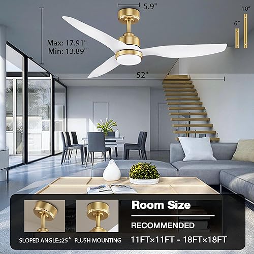 Miniatura 7 de Ventiladores de techo inteligentes de 52 pulgadas con luces y control remoto, luz LED regulable, ventilador de techo blanco dorado para interiores y