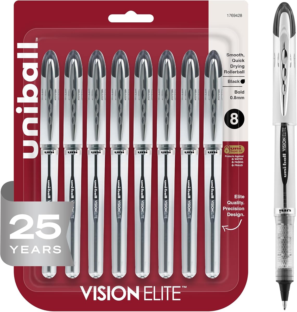 Bolígrafos de Rollerball Elite Uniball Vision, Punto Negrita (0.8mm), Negro, Paquete de 8