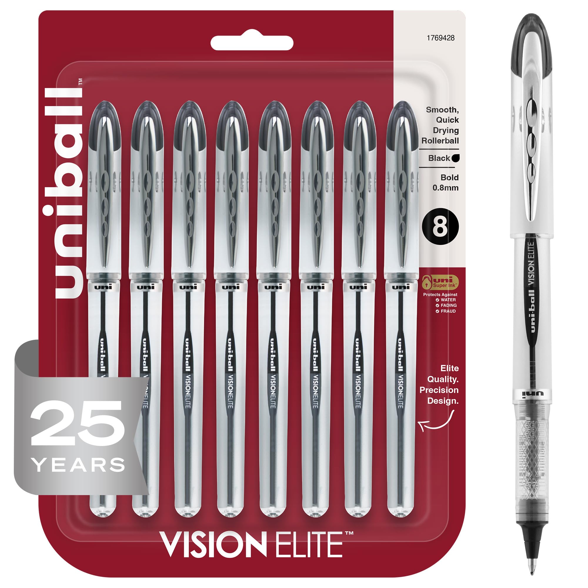 UNIBALL Vision Elite Rollerball Pens, Black, Bold, Fine Point, 0.8mm Ink, Pack of 8, Office Supplies