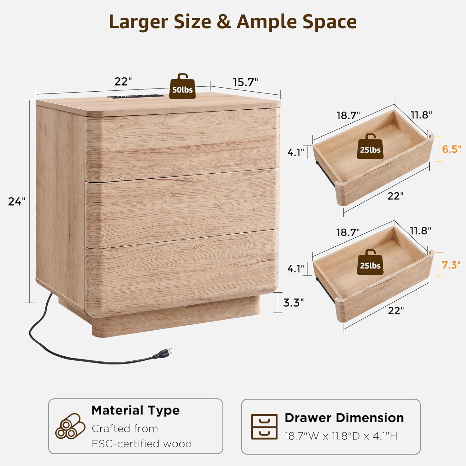 ACCOHOHO 22" Modern Nightstands Set of 2 with Charging Station, Push-to-Open 3 Drawers Bedside Table, Large End Table with Storage, Night Stand for Bedroom, Living Room, Curved Profile, Natural Oak