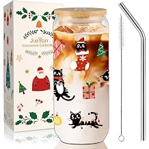 Joeyan Christmas Glass Cups,Black Cat Iced CoffeeTumbler with Lid and Straw