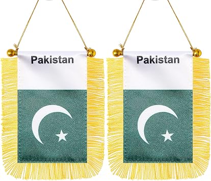 CANTENDO 2 Pack Pakistan Window Hanging Flag,Mini Pakistani Car Flag with Pole Tassel Suction Cup Rearview Mirror Decoration3x5 Inch