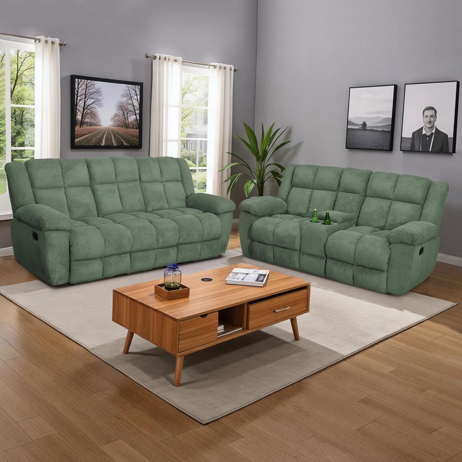 Recliner Sofa Set for Living Room, Manual Recliner Sofa Set, Living Room Furniture Set, Sofa Loveseat and Chair 3 Piece Set with Cup Holder Storage Console(Chair,Green)