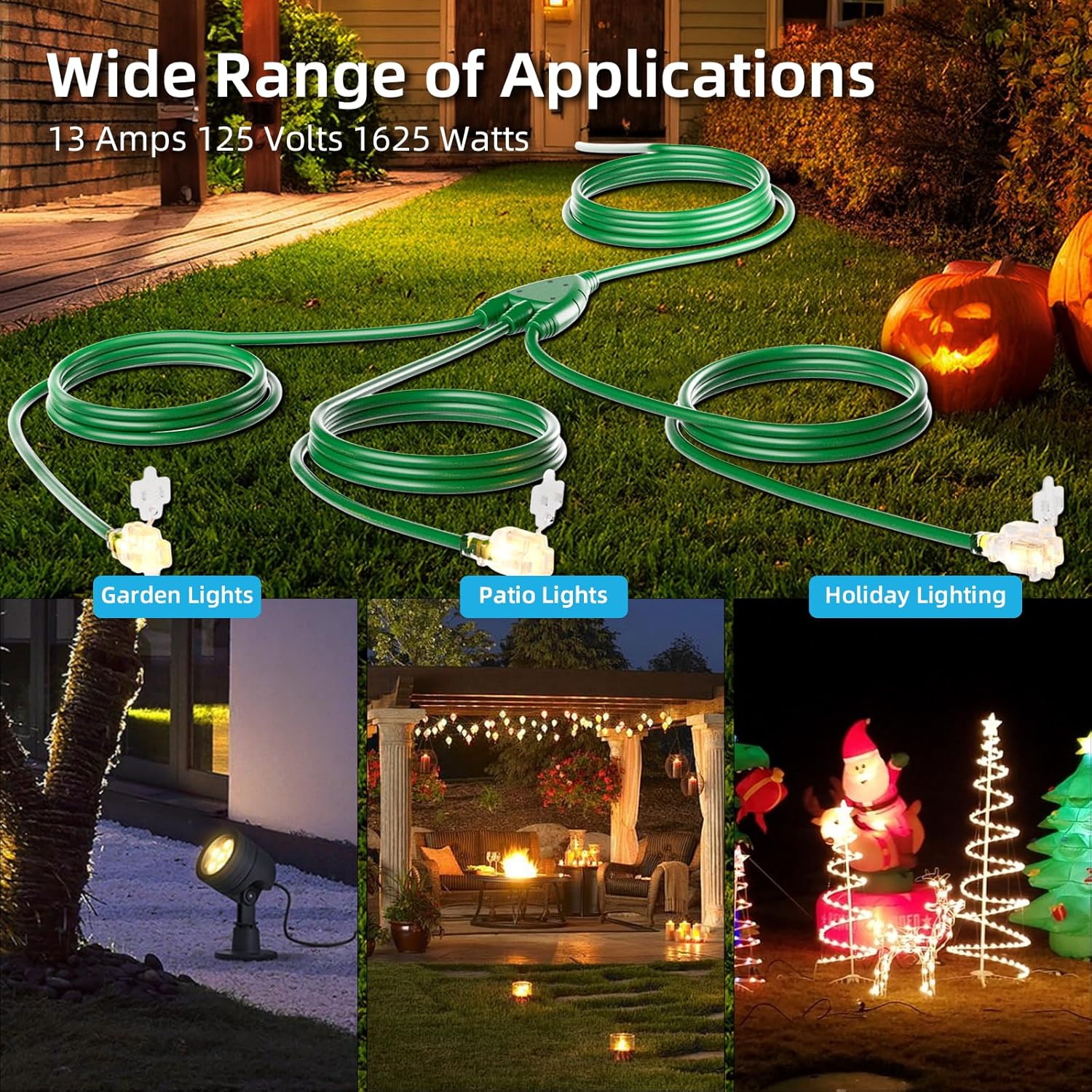 Christmas 42FT Outdoor Extension Cord with Multiple Outlets, 1-to-3 Splitter, 30 FT End-to-End with 24 FT Leader (42FT Total), 16/3C SJTW Weatherproof Power Cord for Outdoor, Christmas, ETL Listed