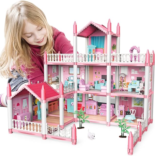 deAO Miniature My first Dolls house, Kids Pink Grand Three Story Castle Dolls House Playset With Furniture & Accessories included and with Outdoor Space Open Sided Princess Castle Playset For Girls