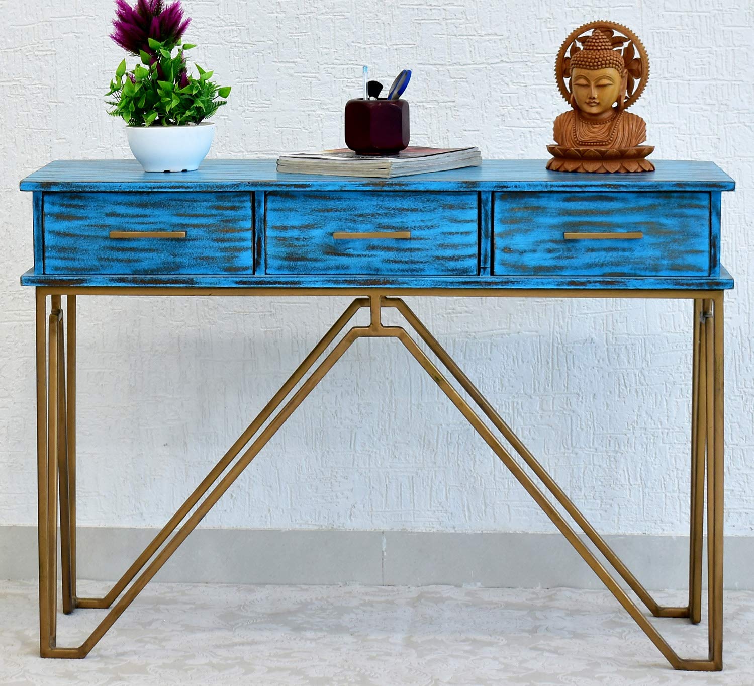 Solid Mango Wood 3 Drawer Lamino Console Hall Table Rustic Distressed Blue Finish with Iron Frame in Golden Finish