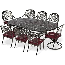 VIVIJASON 9-Piece Outdoor Furniture Dining Set, All-Weather Cast Aluminum Patio Conversation Set, Include 6 Stationary Chairs, 2 Swivel Dining Chairs and an Oval Table with Umbrella Hole, Red Cushion