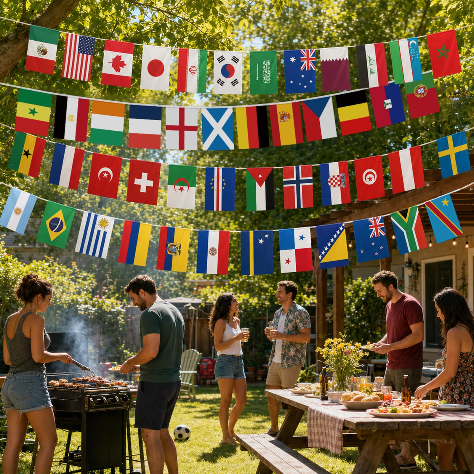 G2PLUS 48 Drapeaux du Coupe du Monde: 15 m Bannière pour Coupe du Monde 2026 - Świąteczne decoracje piłkarskie przy barze decorowym, Fête, Maison, Jardin i Terrasse (14 x 21 cm)